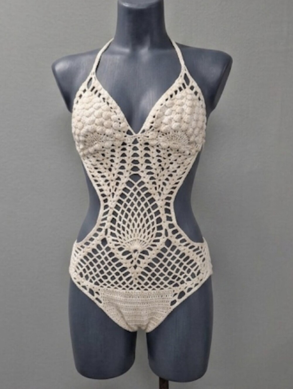 vintage Beachcomber Women's Cream Tan Cotton crochet Swimsuit-one-piece Monokini - Picture 2 of 10